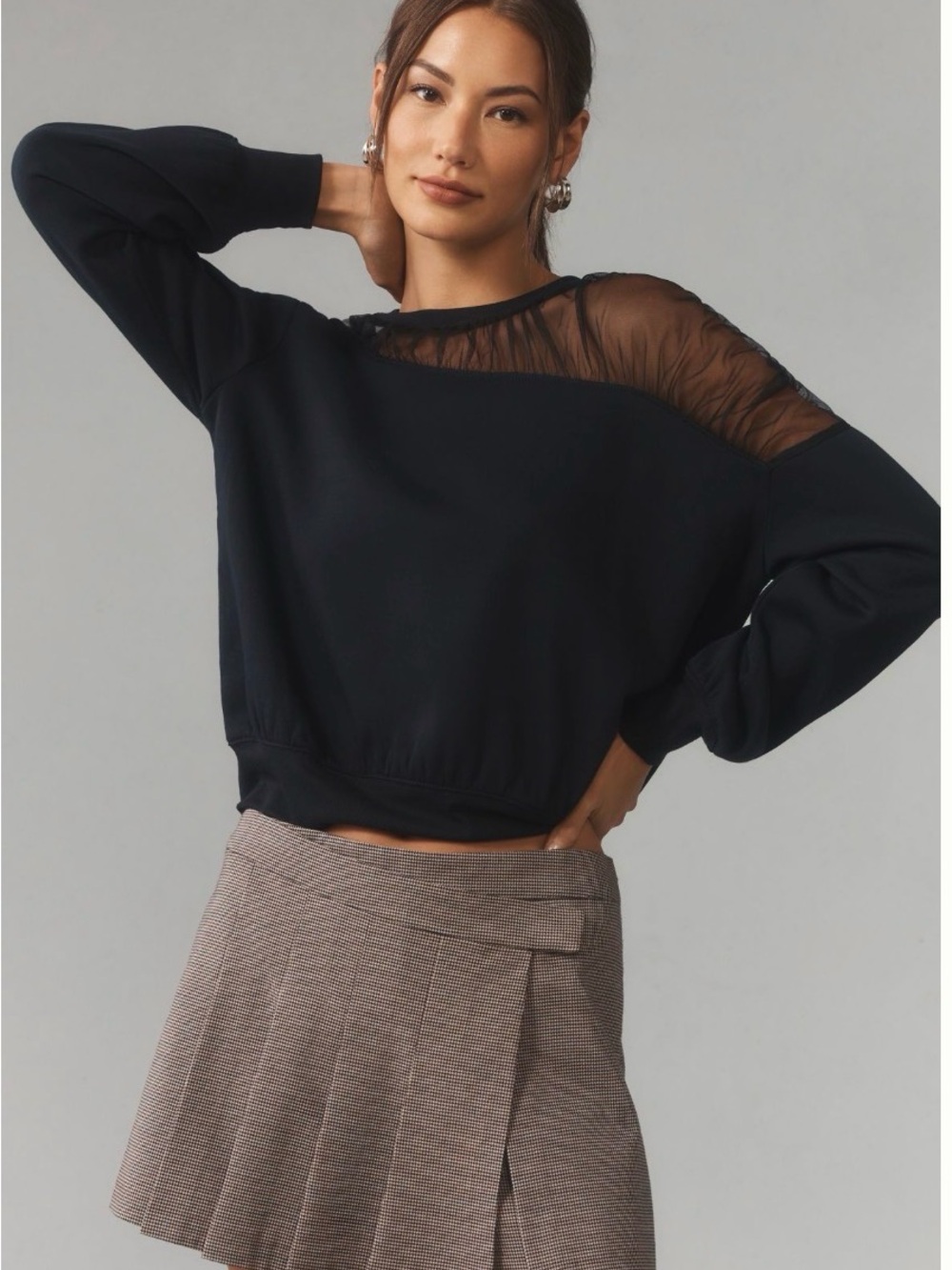 Maeve Black Sheer-Shoulder Crewneck Sweatshirt Small
